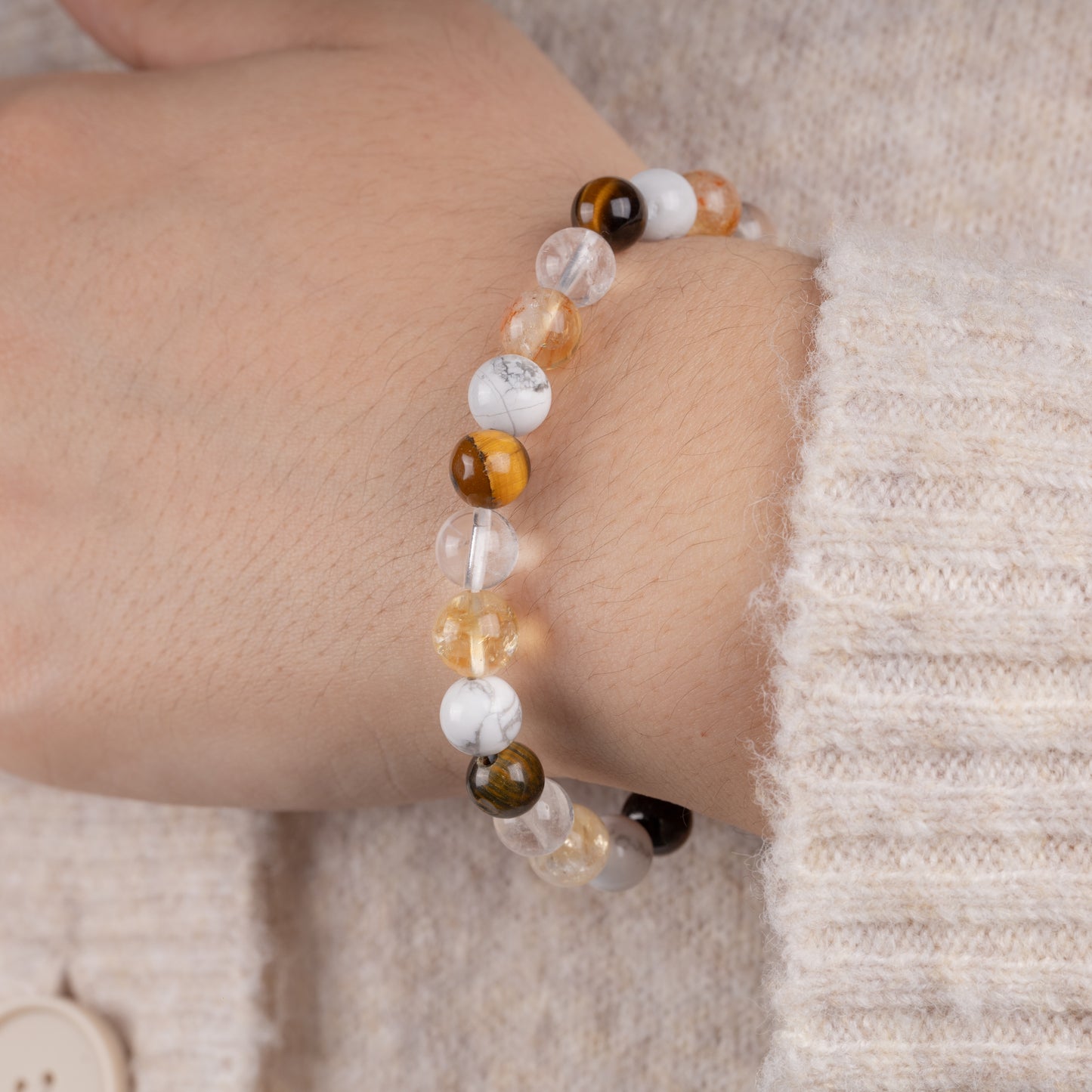 Gemini Zodiac Bracelet for Women or Men with Natural Stone Citrine, White Howlite, Tiger Eye, and Clear Quartz Crystals and Healing Stones - Handmade Beaded Bracelet, Perfect Zodiac Gift for Birthday