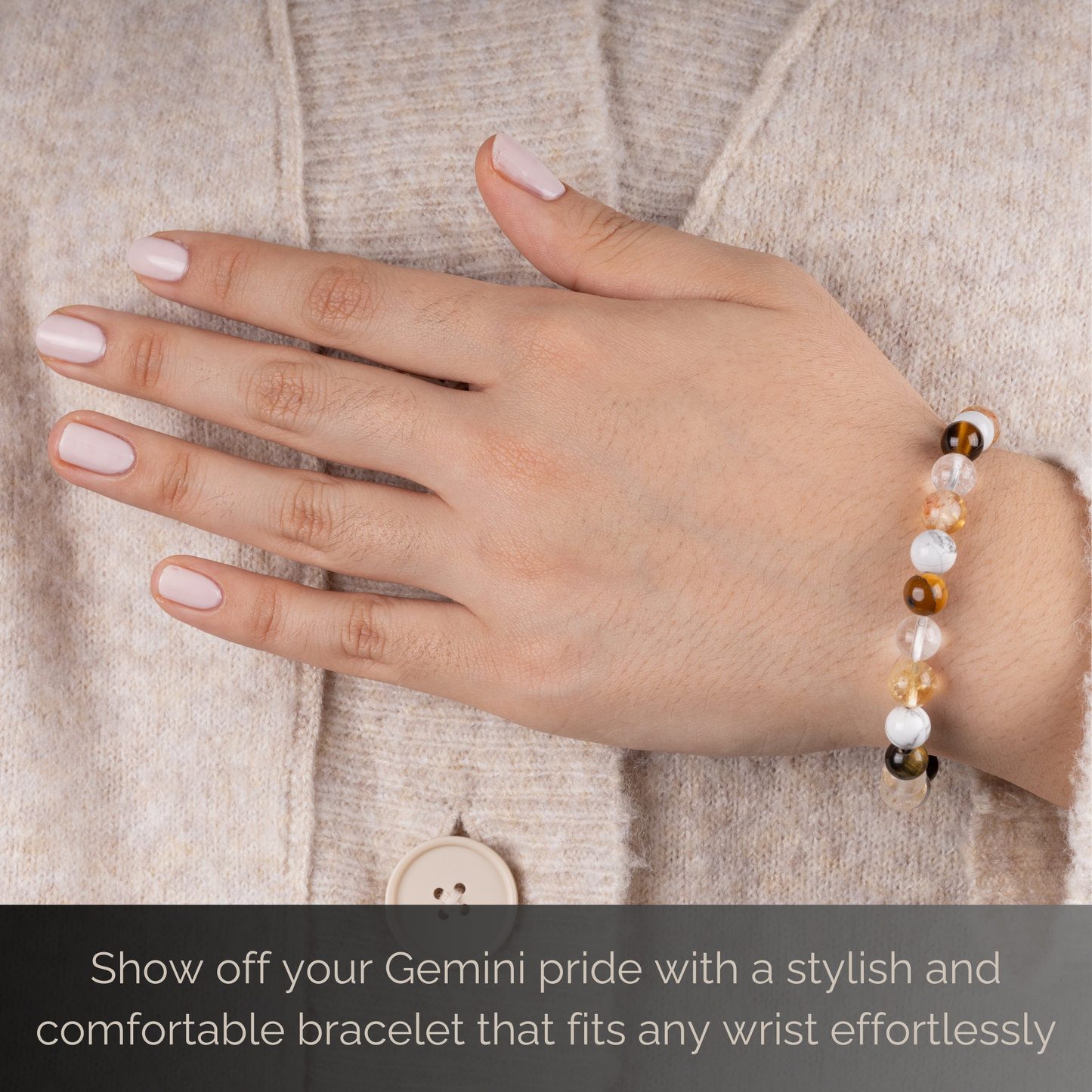 Gemini Zodiac Bracelet for Women or Men with Natural Stone Citrine, White Howlite, Tiger Eye, and Clear Quartz Crystals and Healing Stones - Handmade Beaded Bracelet, Perfect Zodiac Gift for Birthday