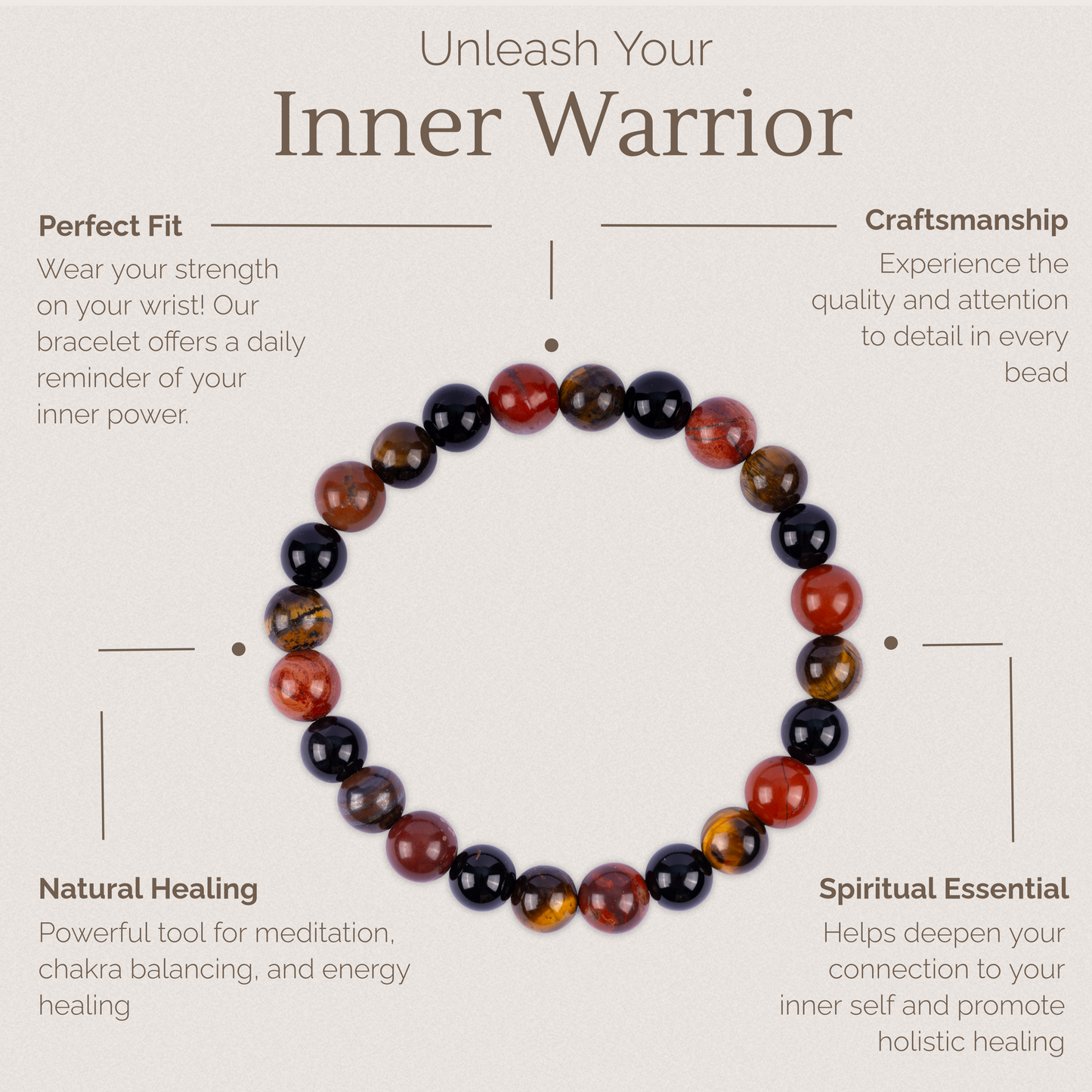 Inner Strength Bracelet for Women and Men with Black Onyx, Tiger’s Eye, and Red Jasper Crystals and Healing Stones - Natural Handmade Beaded Bracelets, Crystal Bracelet for Spiritual Gifts