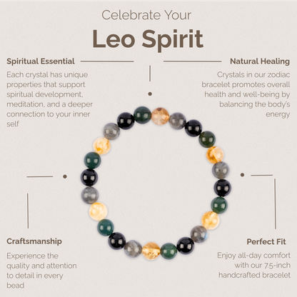 Leo Zodiac Bracelet for Women or Men with Natural Stone Citrine, Black Onyx, Sea Jasper, and Labradorite Crystals and Healing Stones - Handmade Beaded Bracelet, Perfect Zodiac Gift for Birthday