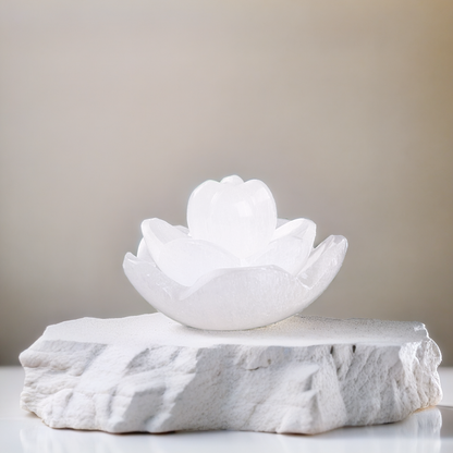 WISH WELL Flower Selenite Bowl with Amethyst Necklace – Selenite Crystal Decor – Mined and Crafted in Morocco – Ideal for Cleansing Crystals and Purifying Your Space