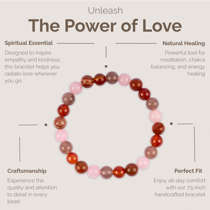 Love & Compassion Bracelet for Women & Men with Carnelian, Red Jasper, Rose Quartz, and Strawberry Quartz Crystals and Healing Stones - Handmade Beaded Bracelets, Crystal Bracelet for Spiritual Gifts