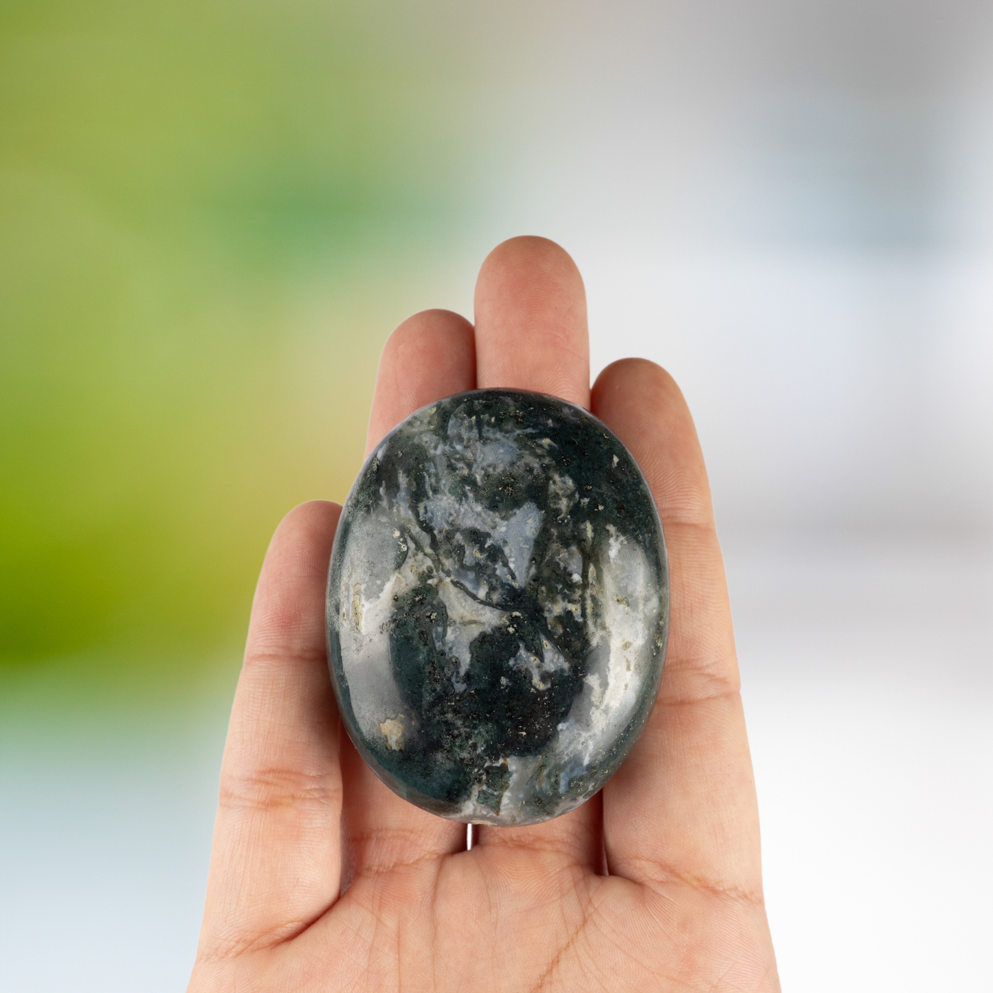 Moss Agate Palm Stone Crystal - Natural Healing Stone for Anxiety Relief & Meditation - Polished Moss Agate Worry Stone - Spiritual Gift