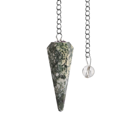 Moss Agate Pendulum Crystal, Faceted Pendulum Divination Tools, Dowsing Pendulum Crystal for Energy Work, Crystal Grid & Reiki Healing