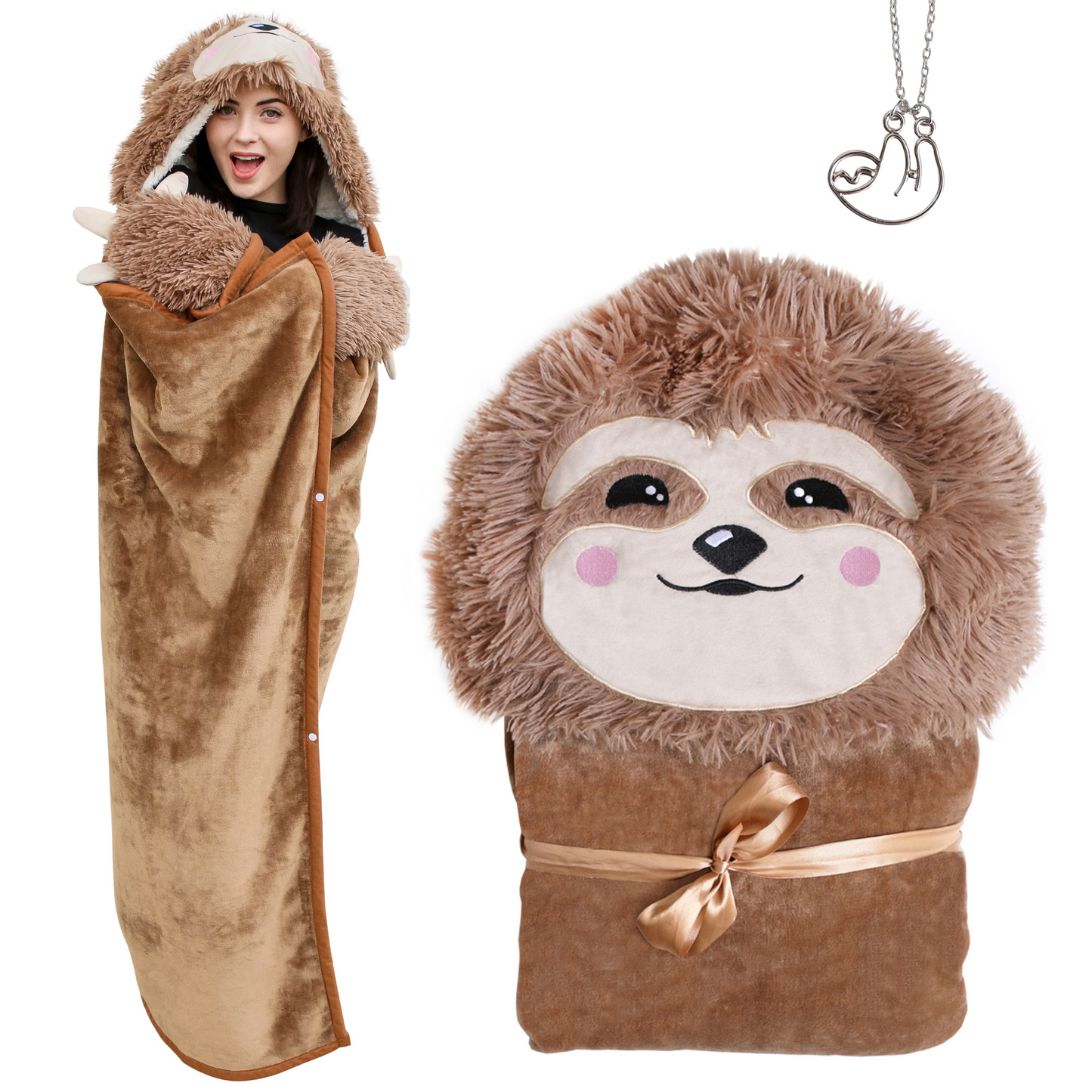 Sloth Wearable Hooded Blanket with Pendant Necklace - Cozy Oversized Blanket Hoodie with Claws Hand Gloves- Gift for Women, Adults and Kids