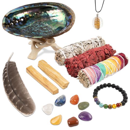 Variety Sage Smudge Kit – Home Cleansing & Smudging Kit with White Sage, Dragons Blood Sage, Chakra Sage, Palo Santo, Abalone Shell, Lava Chakra Bracelet, 7 Chakra Stones, Smudging Feather & Smudging Guide