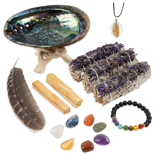 Lavender Sage Smudge Kit – Home Cleansing & Smudging Kit with Lavender White Sage, Palo Santo, Abalone Shell, Lava Stone Chakra Bracelet, 7 Chakra Stones, Smudging Feather & Smudging Guide