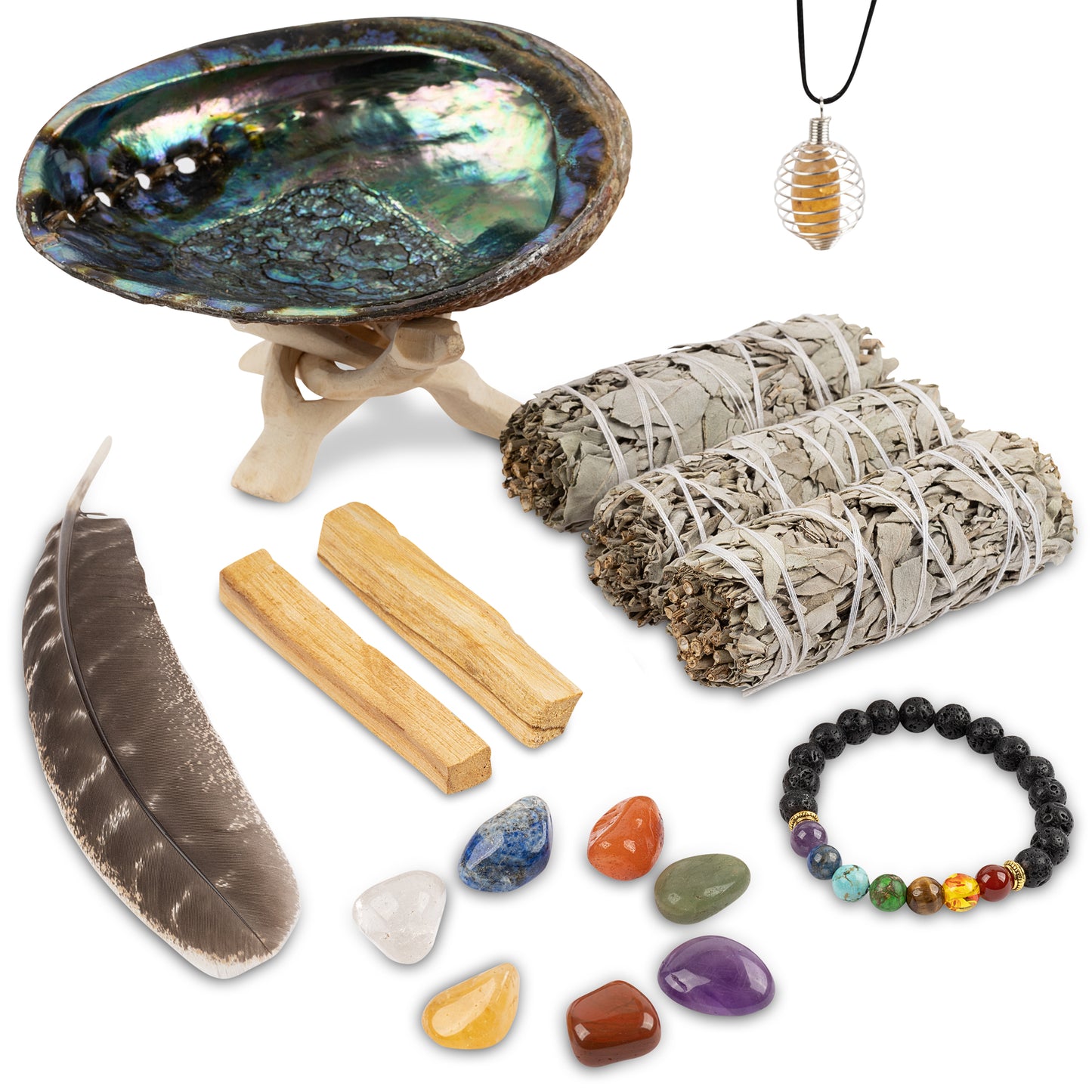 Wish Well Sage Smudge Kit – Home Cleansing and Smudging Kit with White Sage, Palo Santo Sticks, Abalone Shell, Lava Stone Chakra Bracelet, 7 Chakra Stones, Smudging Feather and Smudging Guide