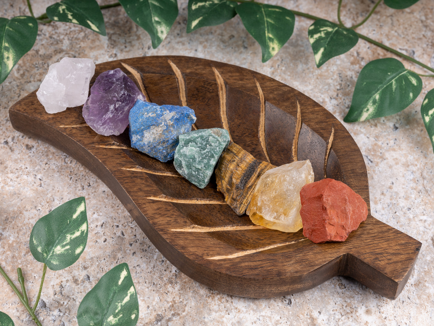 7 Chakra Stones Set with Clear Quartz, Amethyst, Lapis Lazuli, Green Aventurine, Citrine, Carnelian, & Red Jasper - Natural Raw Crystals and Healing Stones with Spiral Cage Necklace & Velvet Pouch