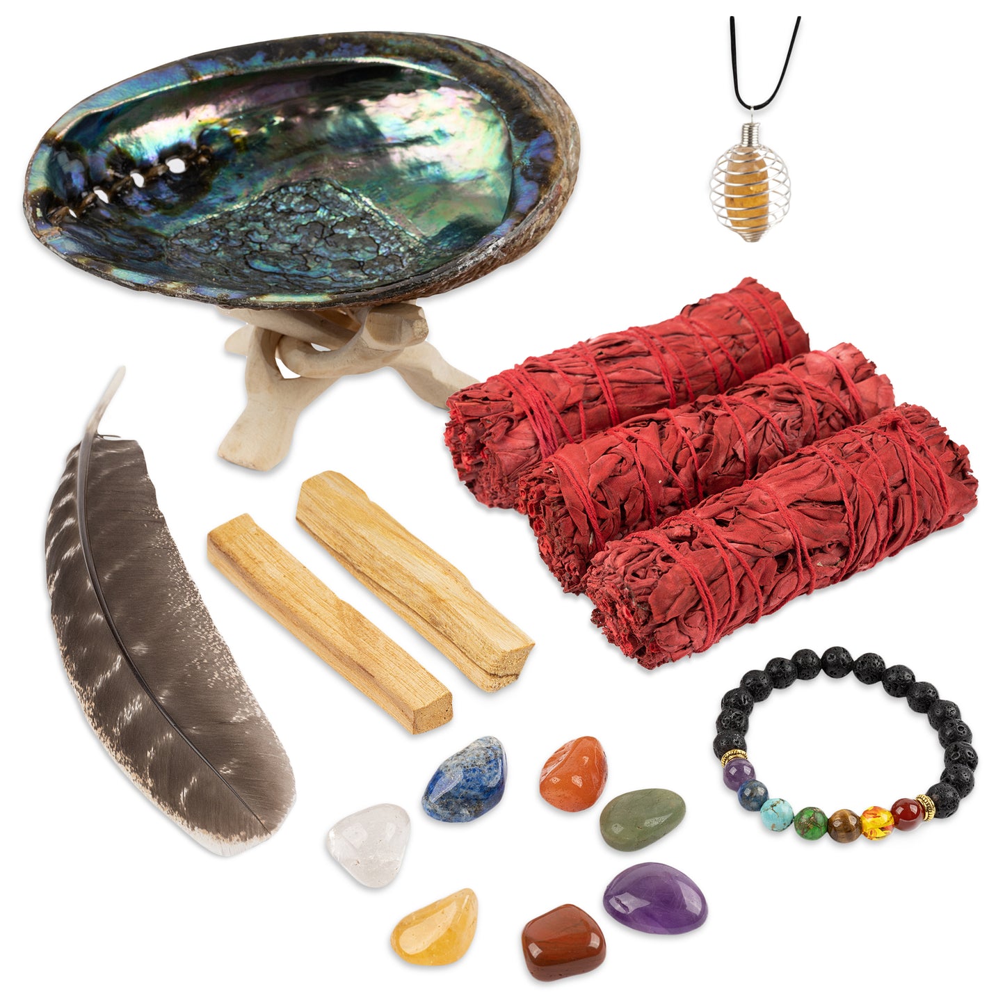 Dragon's Blood Sage Smudge Kit – Home Cleansing & Smudging Kit with Dragon’s Blood White Sage, Palo Santo, Abalone Shell, Lava Stone Chakra Bracelet, 7 Chakra Stones, Smudging Feather & Smudging Guide