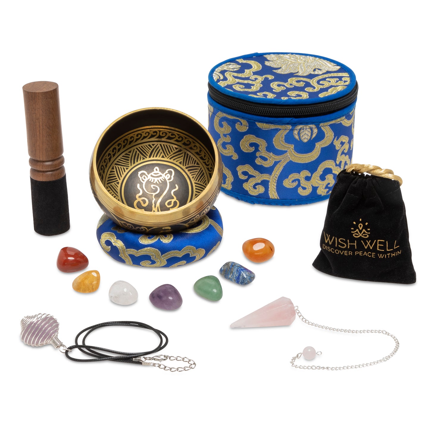 Tibetan Singing Bowl Set ~ 4" Sound Bowl with 7 Chakra Crystal Stones, Rose Quartz Pendulum, Fabric Case, Cushion, & Mallet ~ Perfect For Meditation, Yoga, Spiritual Healing, & Mindfulness