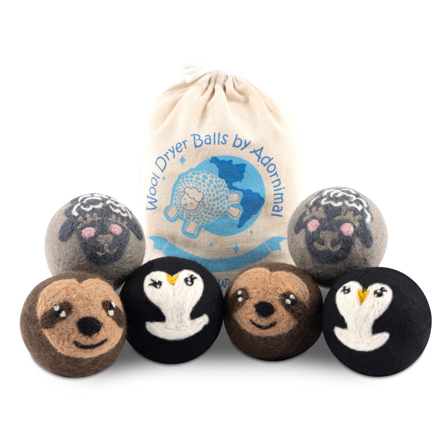 Wool Dryer Balls, Natural Fabric Softener, Penguin, Sloth, & Sheep Design, 6 Pack Laundry Balls for Dryer, Handcrafted in Nepal