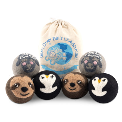 Wool Dryer Balls, Natural Fabric Softener, Penguin, Sloth, & Sheep Design, 6 Pack Laundry Balls for Dryer, Handcrafted in Nepal