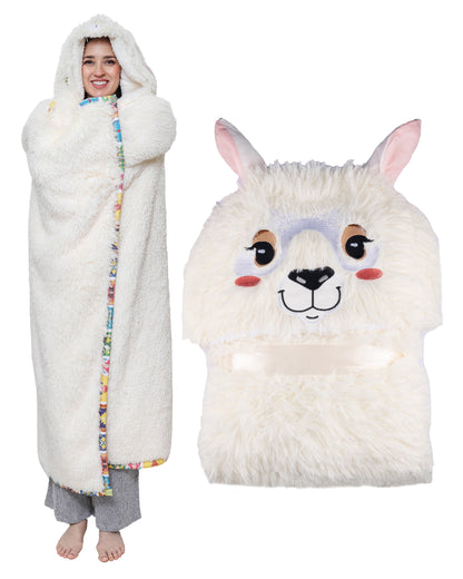 Llama Wearable Hooded Blanket - Cozy Oversized Blanket Hoodie with Claws Hand Gloves - Plush Flurry Fleece & Sherpa Hoodie - Gift for Women, Adults, and Kids