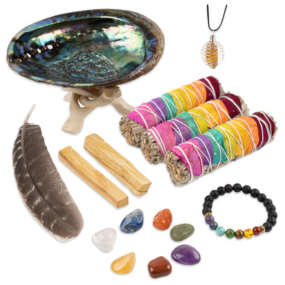 7 Chakra Sage Smudge Kit – Home Cleansing & Smudging Kit with Chakra White Sage, Palo Santo, Abalone Shell, Lava Stone Chakra Bracelet, 7 Chakra Stones, Smudging Feather & Smudging Guide