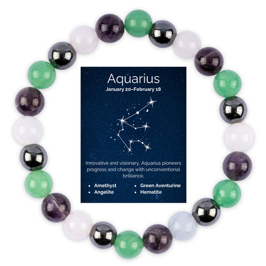 Aquarius Zodiac Bracelet or Women or Men with Natural Amethyst, Angelite, Green Aventurine, and Hematite Crystals and Healing Stones - Handmade Beaded Bracelet, Perfect Zodiac Gift for Birthday