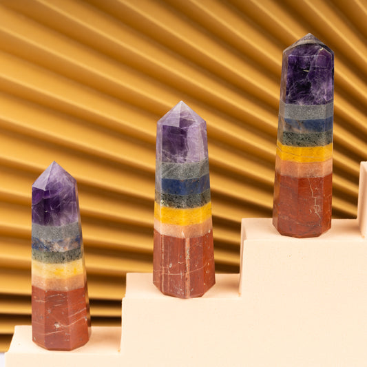 Natural 7 Chakra Obelisk Point Crystal Tower 2.5-3", Healing Crystals and Stones, Meditation Accessories, Reiki, Spiritual Gifts & Decor