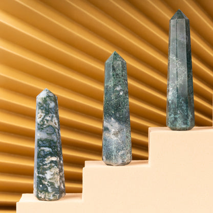 Natural Moss Agate Obelisk Point Crystal Tower 2.5-3", Healing Crystals and Stones, Meditation Accessories, Reiki, Spiritual Gifts & Decor