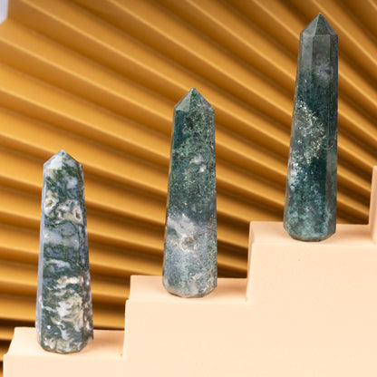 Natural Moss Agate Obelisk Point Crystal Tower 2.5-3", Healing Crystals and Stones, Meditation Accessories, Reiki, Spiritual Gifts & Decor