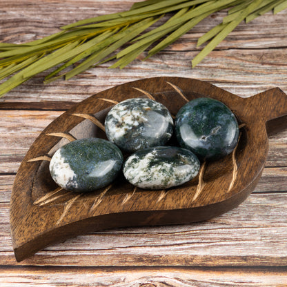 Moss Agate Palm Stone Crystal - Natural Healing Stone for Anxiety Relief & Meditation - Polished Moss Agate Worry Stone - Spiritual Gift