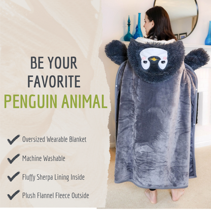 Penguin Wearable Hooded Blanket - Warm & Cozy Oversized Blanket Hoodie with Hand Gloves- Penguin Hoodie Blanket Gift for Women, Adults, Kids