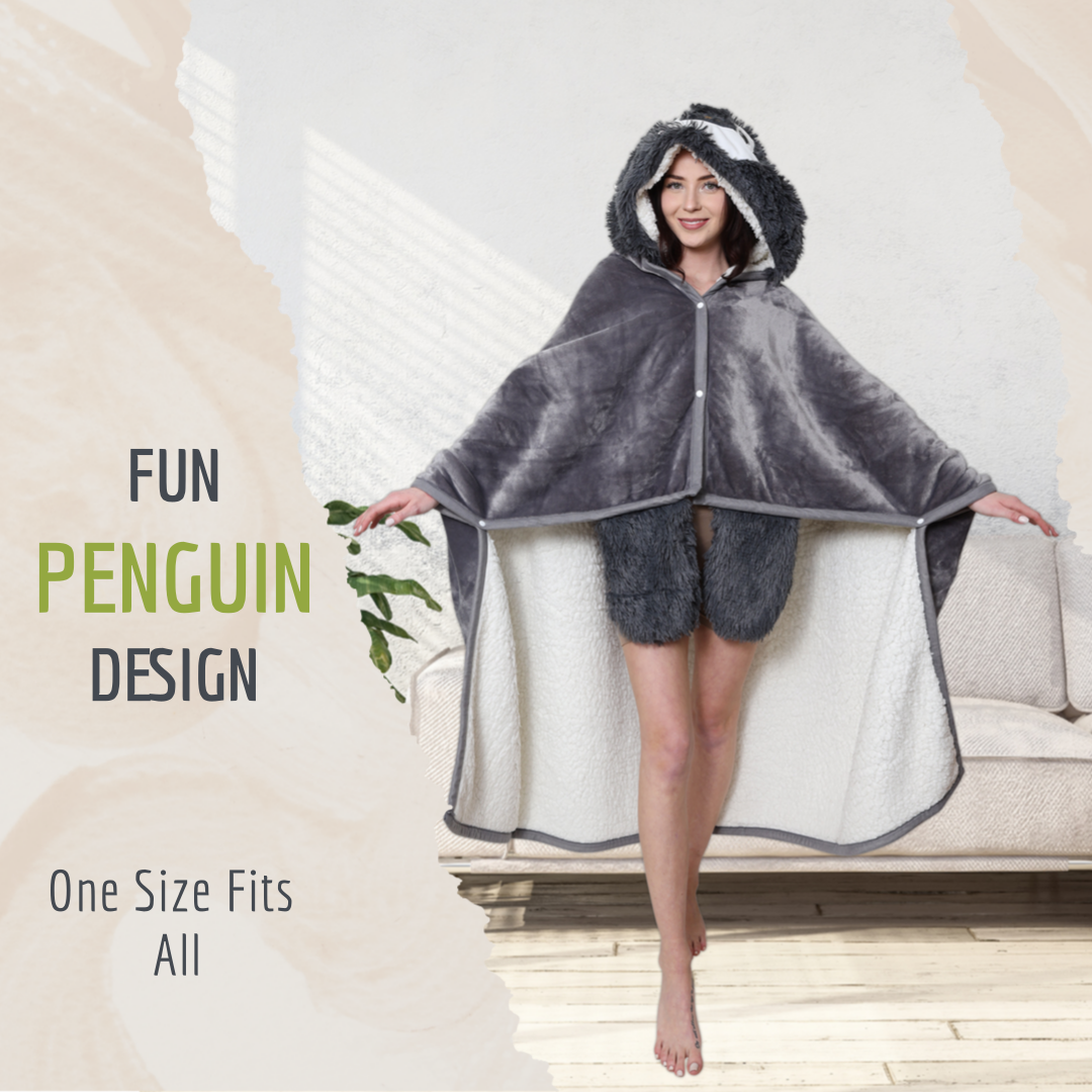 Penguin Wearable Hooded Blanket - Warm & Cozy Oversized Blanket Hoodie with Hand Gloves- Penguin Hoodie Blanket Gift for Women, Adults, Kids