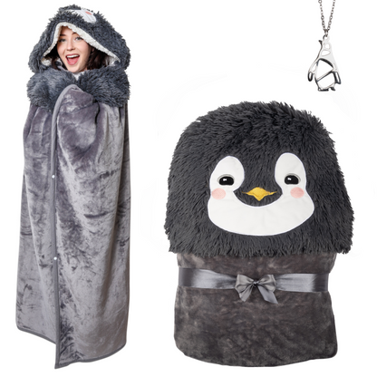 Penguin Wearable Hooded Blanket - Warm & Cozy Oversized Blanket Hoodie with Hand Gloves- Penguin Hoodie Blanket Gift for Women, Adults, Kids