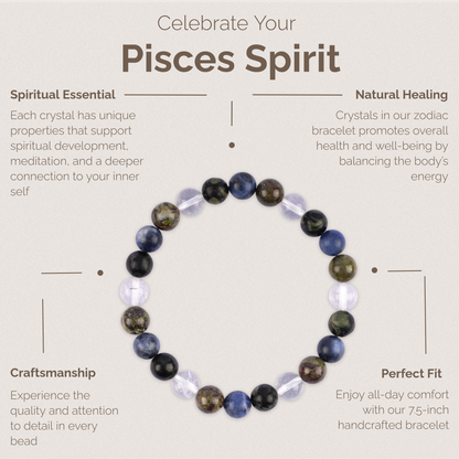 Pisces Zodiac Bracelet for Women or Men with Natural Stone Sodalite, Kambaba Jasper, Clear Quartz, Bloodstone Crystals and Healing Stones - Handmade Beaded Bracelet, Perfect Zodiac Gift for Birthday