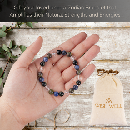 Pisces Zodiac Bracelet for Women or Men with Natural Stone Sodalite, Kambaba Jasper, Clear Quartz, Bloodstone Crystals and Healing Stones - Handmade Beaded Bracelet, Perfect Zodiac Gift for Birthday