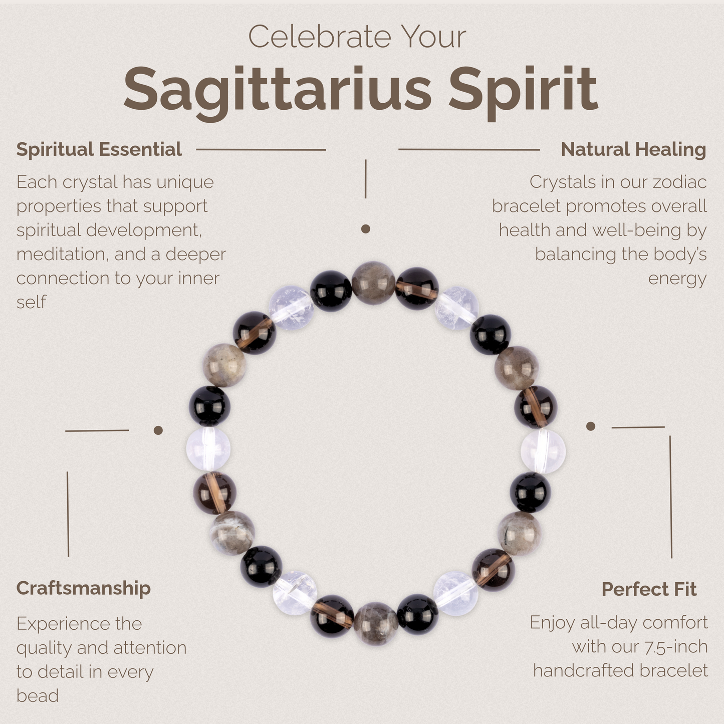 Sagittarius Zodiac Bracelet for Women or Men with Natural Smoky Quartz, Black Obsidian, Clear Quartz, and Labradorite Crystals and Healing Stones - Handmade Beaded Bracelet, Zodiac Gift for Birthday