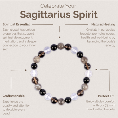 Sagittarius Zodiac Bracelet for Women or Men with Natural Smoky Quartz, Black Obsidian, Clear Quartz, and Labradorite Crystals and Healing Stones - Handmade Beaded Bracelet, Zodiac Gift for Birthday