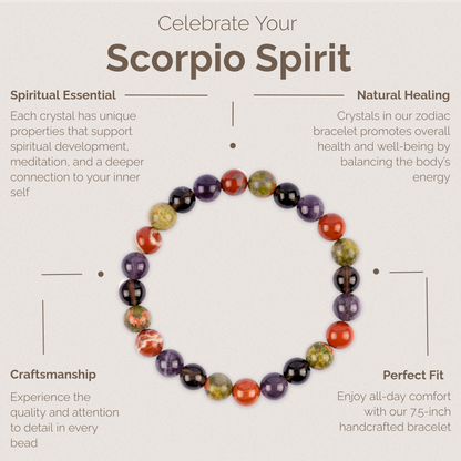 Scorpio Zodiac Bracelet for Women or Men with Natural  Amethyst, Smoky Quartz, Red Jasper, and Unakite Crystals and Healing Stones - Handmade Beaded Bracelet, Perfect Zodiac Gift for Birthday