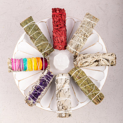 8 pc Variety Sage Smudge Sticks – 4” White Sage, Blue Sage, Dragon’s Blood, Chakra Sage, Rosemary, Cedar, Yerba Santa, and Lavender Sage Bundle for Home Cleansing, Energy Healing, Meditation, Reiki, and Clearing Negative Energy