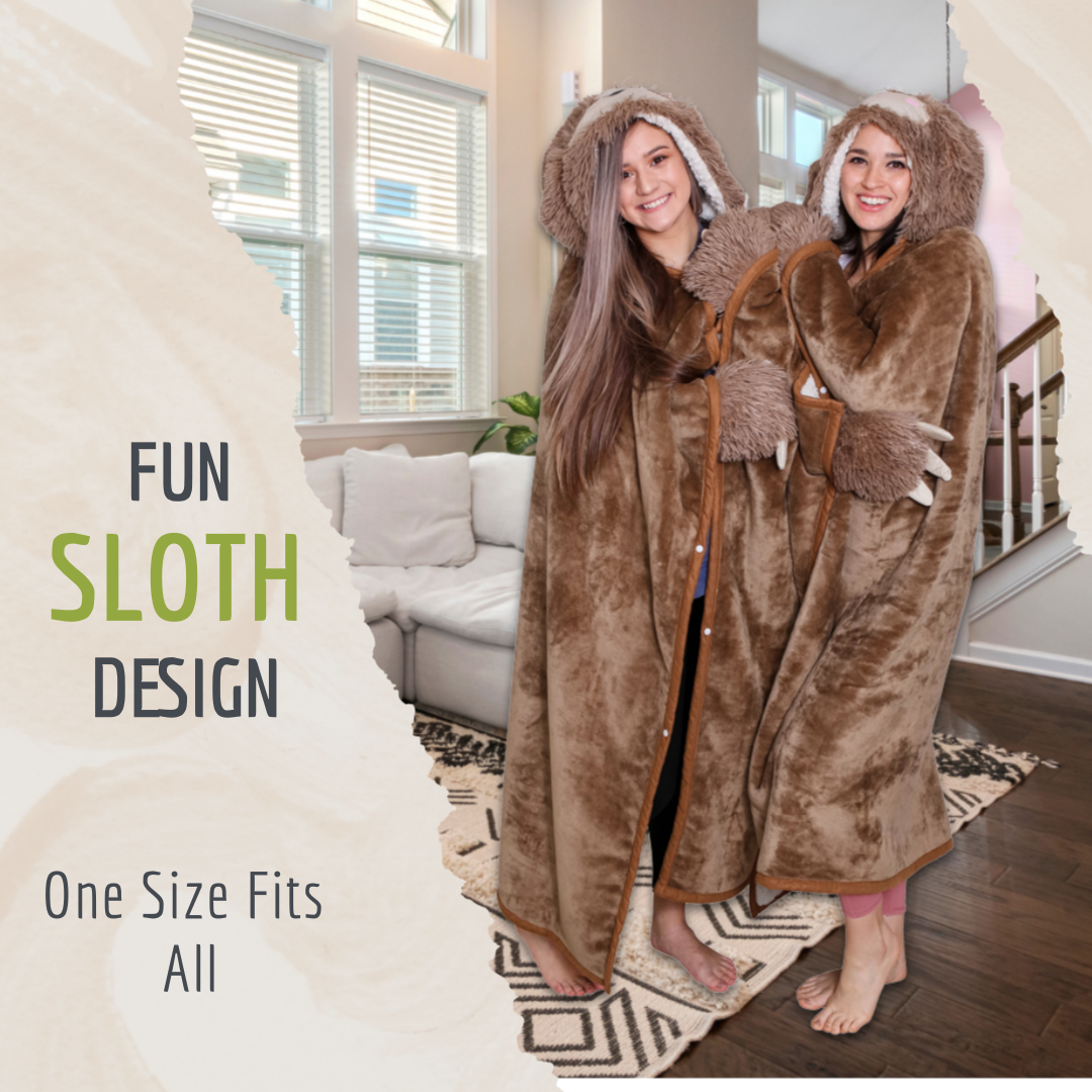 Sloth Wearable Hooded Blanket with Pendant Necklace - Cozy Oversized Blanket Hoodie with Claws Hand Gloves- Gift for Women, Adults and Kids