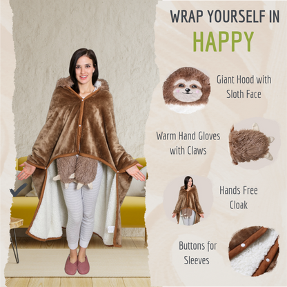 Sloth Wearable Hooded Blanket with Pendant Necklace - Cozy Oversized Blanket Hoodie with Claws Hand Gloves- Gift for Women, Adults and Kids