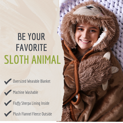 Sloth Wearable Hooded Blanket with Pendant Necklace - Cozy Oversized Blanket Hoodie with Claws Hand Gloves- Gift for Women, Adults and Kids