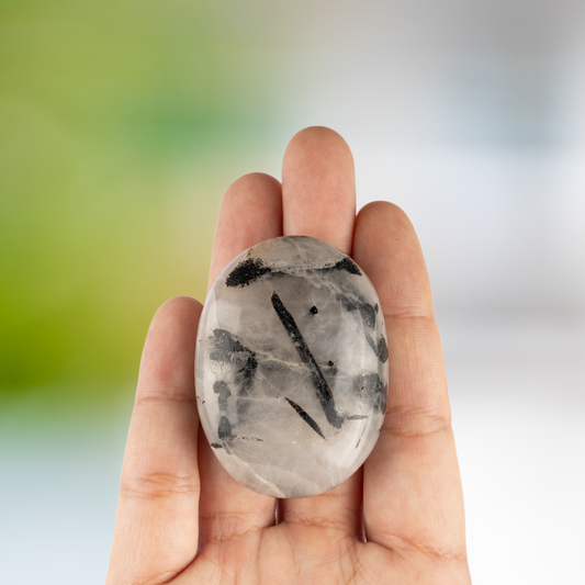 Tourmalinated Quartz Palm Stone Crystal - Natural Healing Stone for Anxiety Relief & Meditation - Polished Crystal Stone- Spiritual Gift