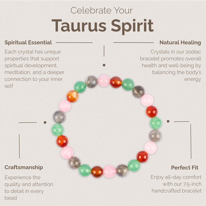 Taurus Zodiac Bracelet for Women or Men with Natural Carnelian, Labradorite, Green Aventurine, and Rose Quartz Crystals and Healing Stones - Handmade Beaded Bracelet, Perfect Zodiac Gift for Birthday