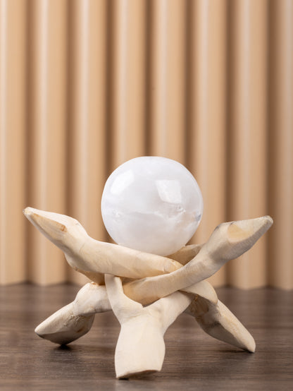 Selenite Sphere Crystal 3.14" with 4" Wooden Stand - Healing Crystals and Meditation Accessories for Spiritual Room Decor, Protection Crystals and Energy Healing - Crystal Decor Spiritual Gift