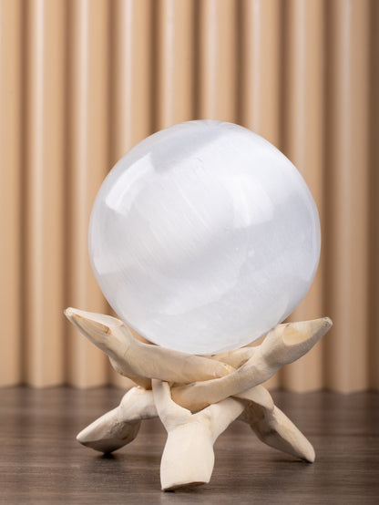 Selenite Sphere Crystal 3.14" with 4" Wooden Stand - Healing Crystals and Meditation Accessories for Spiritual Room Decor, Protection Crystals and Energy Healing - Crystal Decor Spiritual Gift