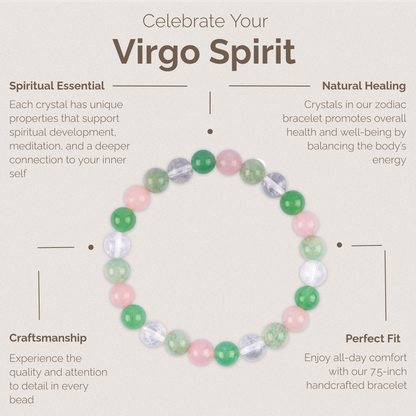 Virgo Zodiac Bracelet for Women or Men with Natural Amazonite, Clear Quartz, Green Aventurine, and Rose Quartz Crystals and Healing Stones - Handmade Beaded Bracelet, Perfect Zodiac Gift for Birthday