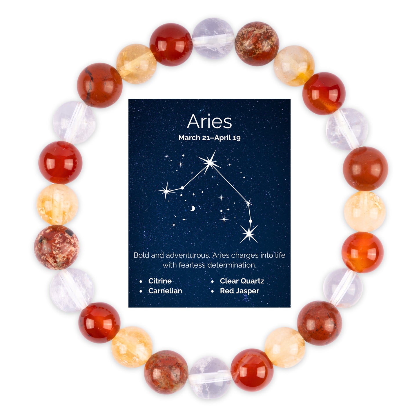 Aries Zodiac Bracelet for Women or Men with Natural Citrine, Carnelian, Clear Quartz, and Red Jasper Crystals and Healing Stones - Handmade Beaded Bracelet, Perfect Zodiac Gift for Birthday