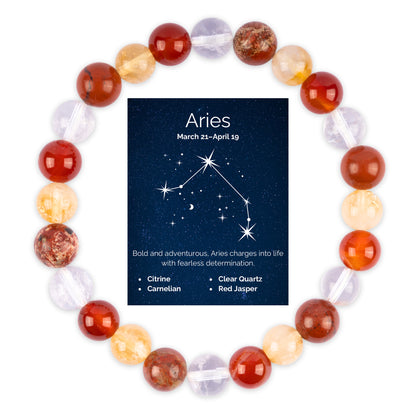 Aries Zodiac Bracelet for Women or Men with Natural Citrine, Carnelian, Clear Quartz, and Red Jasper Crystals and Healing Stones - Handmade Beaded Bracelet, Perfect Zodiac Gift for Birthday