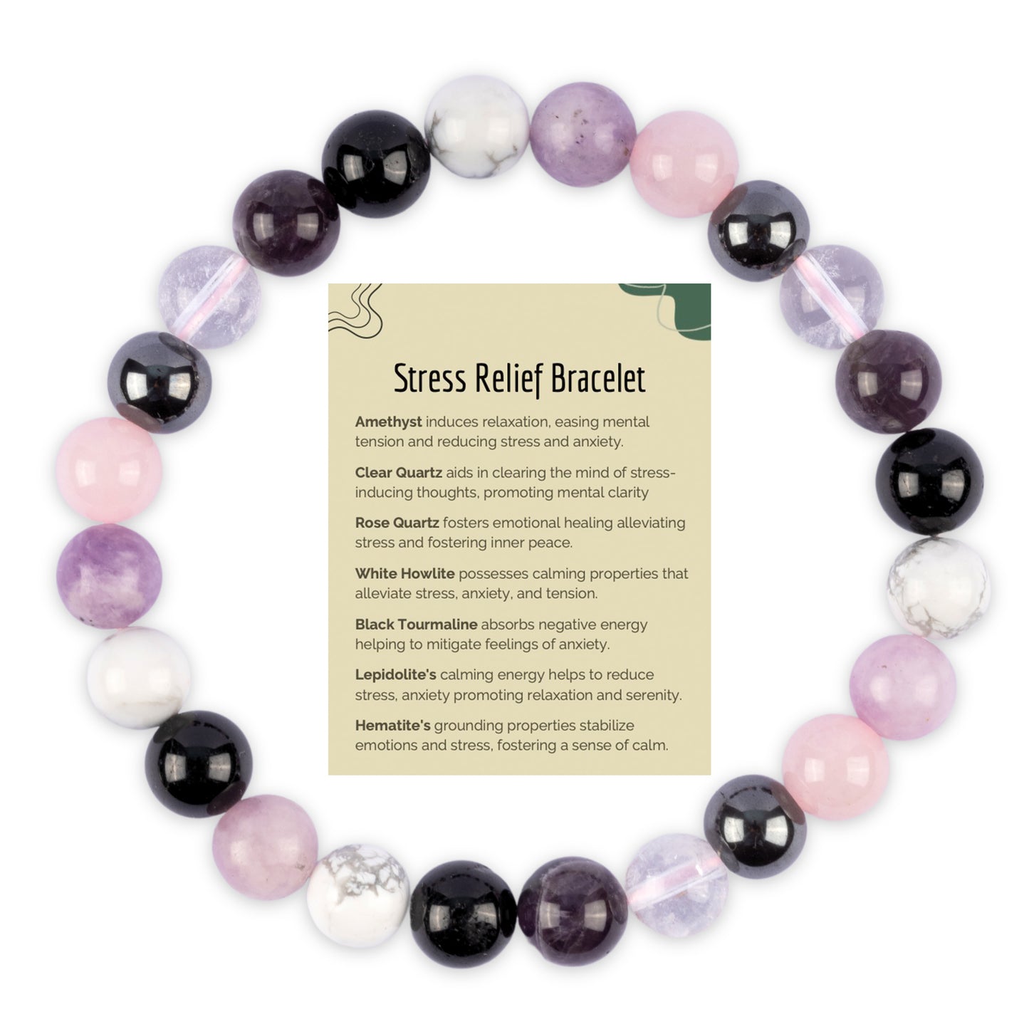 Stress Relief Bracelet for Women and Men with Amethyst, Clear Quartz, Rose Quartz, White Howlite, Black Tourmaline, Lepidolite, and Hematite Crystals and Healing Stones - Natural Handmade Beaded Bracelets