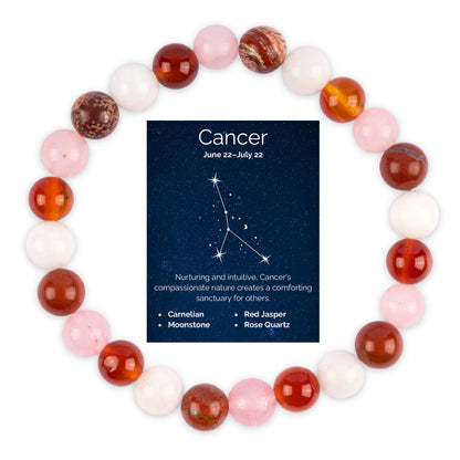 Cancer Zodiac Bracelet for Women or Men with Natural Moonstone, Carnelian, Red Jasper, and Rose Quartz Crystals and Healing Stones - Handmade Beaded Bracelet, Perfect Zodiac Gift for Birthday