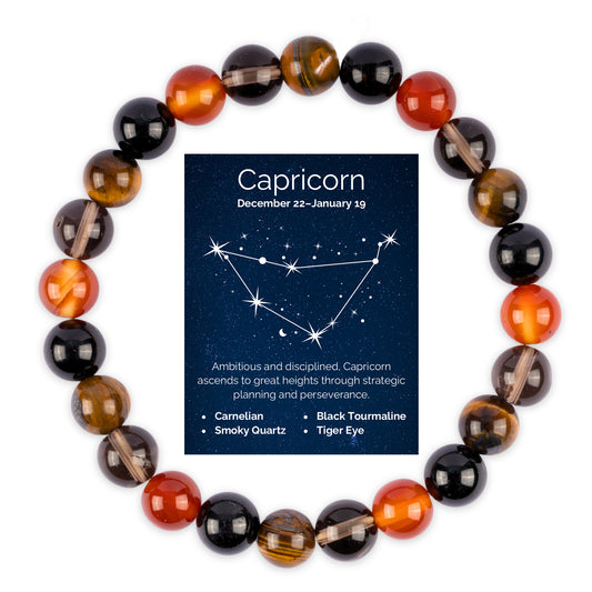 Capricorn Zodiac Bracelet for Women or Men with Natural Carnelian, Smoky Quartz, Black Tourmaline, and Tiger’s Eye Crystals and Healing Stones - Handmade Beaded Bracelet, Zodiac Gift for Birthday