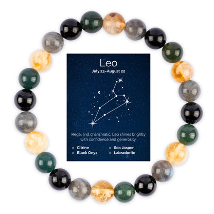 Leo Zodiac Bracelet for Women or Men with Natural Stone Citrine, Black Onyx, Sea Jasper, and Labradorite Crystals and Healing Stones - Handmade Beaded Bracelet, Perfect Zodiac Gift for Birthday