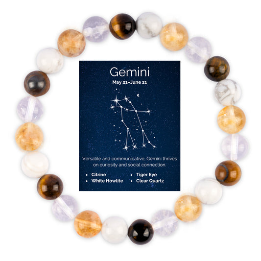 Gemini Zodiac Bracelet for Women or Men with Natural Stone Citrine, White Howlite, Tiger Eye, and Clear Quartz Crystals and Healing Stones - Handmade Beaded Bracelet, Perfect Zodiac Gift for Birthday