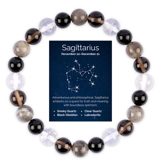 Sagittarius Zodiac Bracelet for Women or Men with Natural Smoky Quartz, Black Obsidian, Clear Quartz, and Labradorite Crystals and Healing Stones - Handmade Beaded Bracelet, Zodiac Gift for Birthday