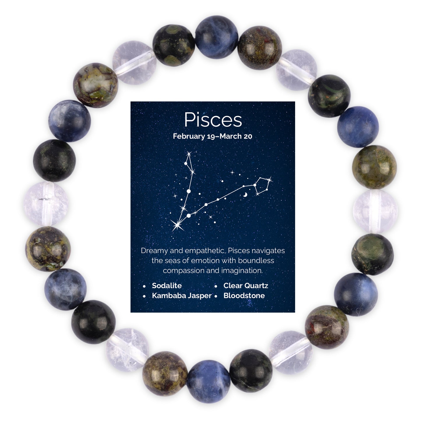 Pisces Zodiac Bracelet for Women or Men with Natural Stone Sodalite, Kambaba Jasper, Clear Quartz, Bloodstone Crystals and Healing Stones - Handmade Beaded Bracelet, Perfect Zodiac Gift for Birthday